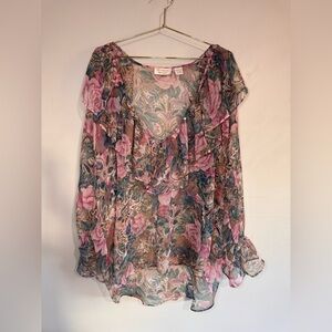 Vintage Gold Tag Victoria's Secret Floral Sheer Ruffle Poet Blouse Top w/Pearl
